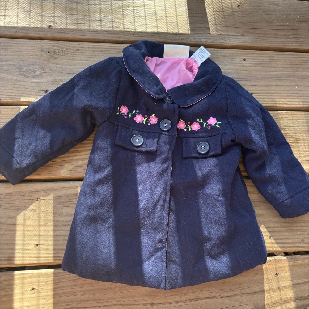 Navy Floral Embroidered Girls' Pea Coat with Pink Lining
